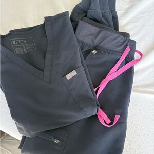 Figs Navy Scrub Set with Pink Drawcord